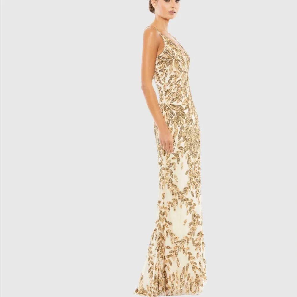 NWT Mac Duggal Embellished Leaf Evening Gown Nude Gold - Picture 3 of 7
